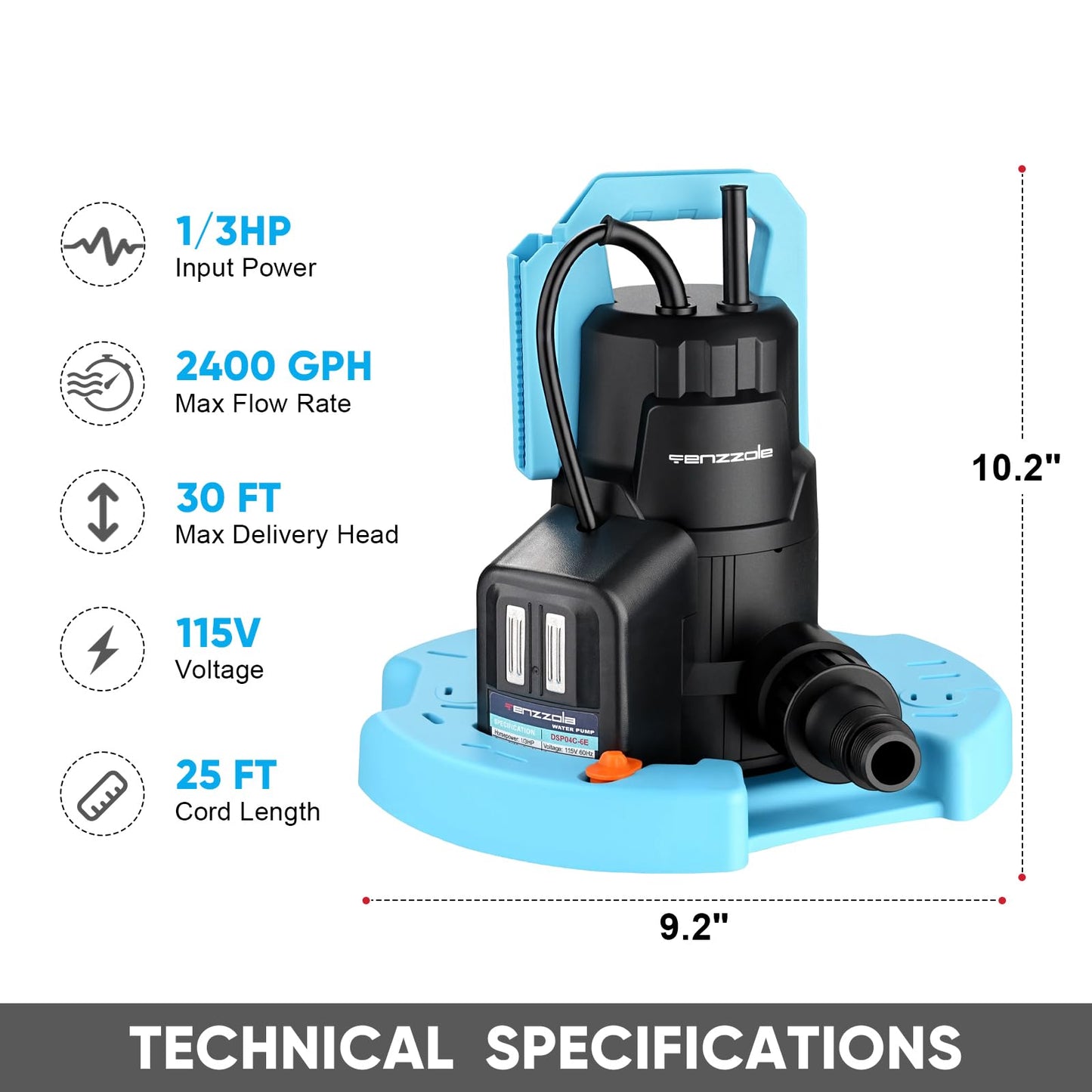Tenzzola Automatic Swimming Pool Cover Pump, 1/3 HP 2400GPH Submersible Utility Water Pump, Portable Electric Water Removal Pump with 16.4FT Cord for Swimming Pool Cover Basement Garden Pond Draining