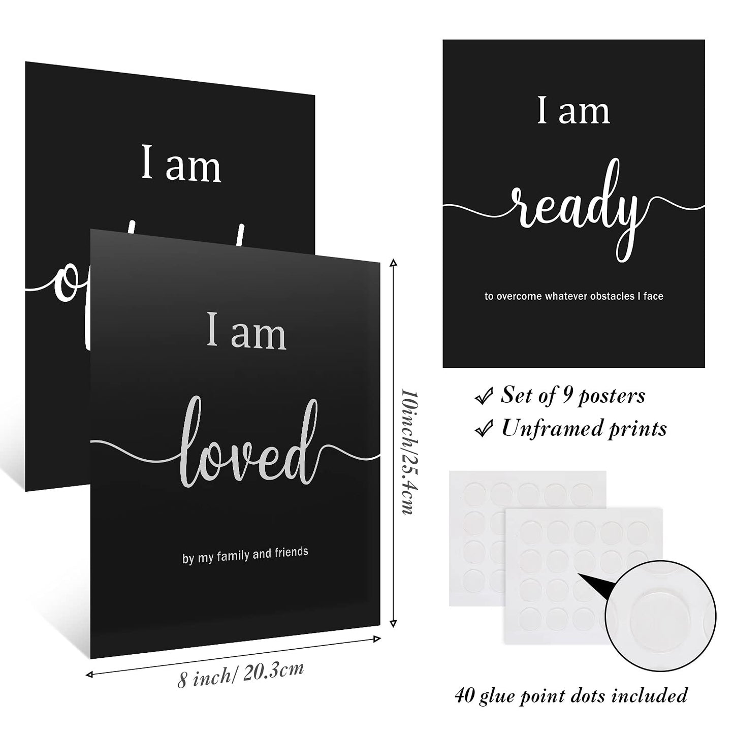 Outus 9 Pieces Inspirational Motivational Wall Art Office Bedroom Wall Art,Daily Positive Affirmations for Men Women Kids Inspirational Positive Quotes Sayings Decor(Black)
