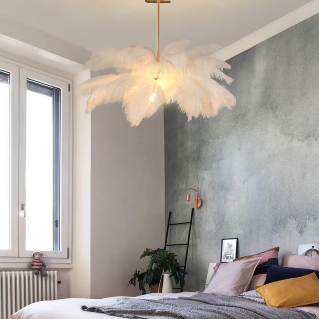 GUANSHAN White Ostrich Feather Pendent Light - Feather Ceiling Light & Chandelier for Bedroom, Living Room