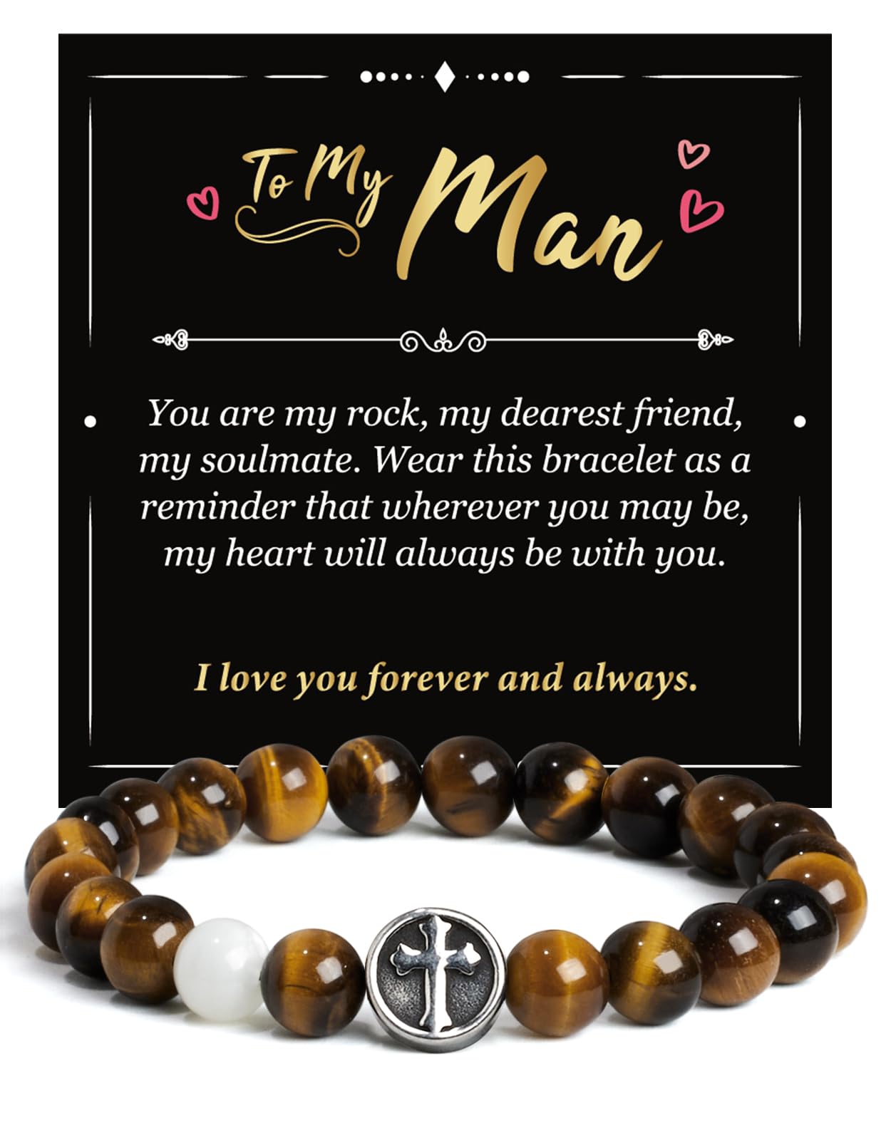 Landorilo Gifts for Men, 8mm Cross Natural Stone Beaded Bracelets, Yellow Tiger Eye Healing Bracelet, Handmade Mens Jewelry Gift for Him, Husband, Son, Father, Friend(Happy Birthday-7.5in)
