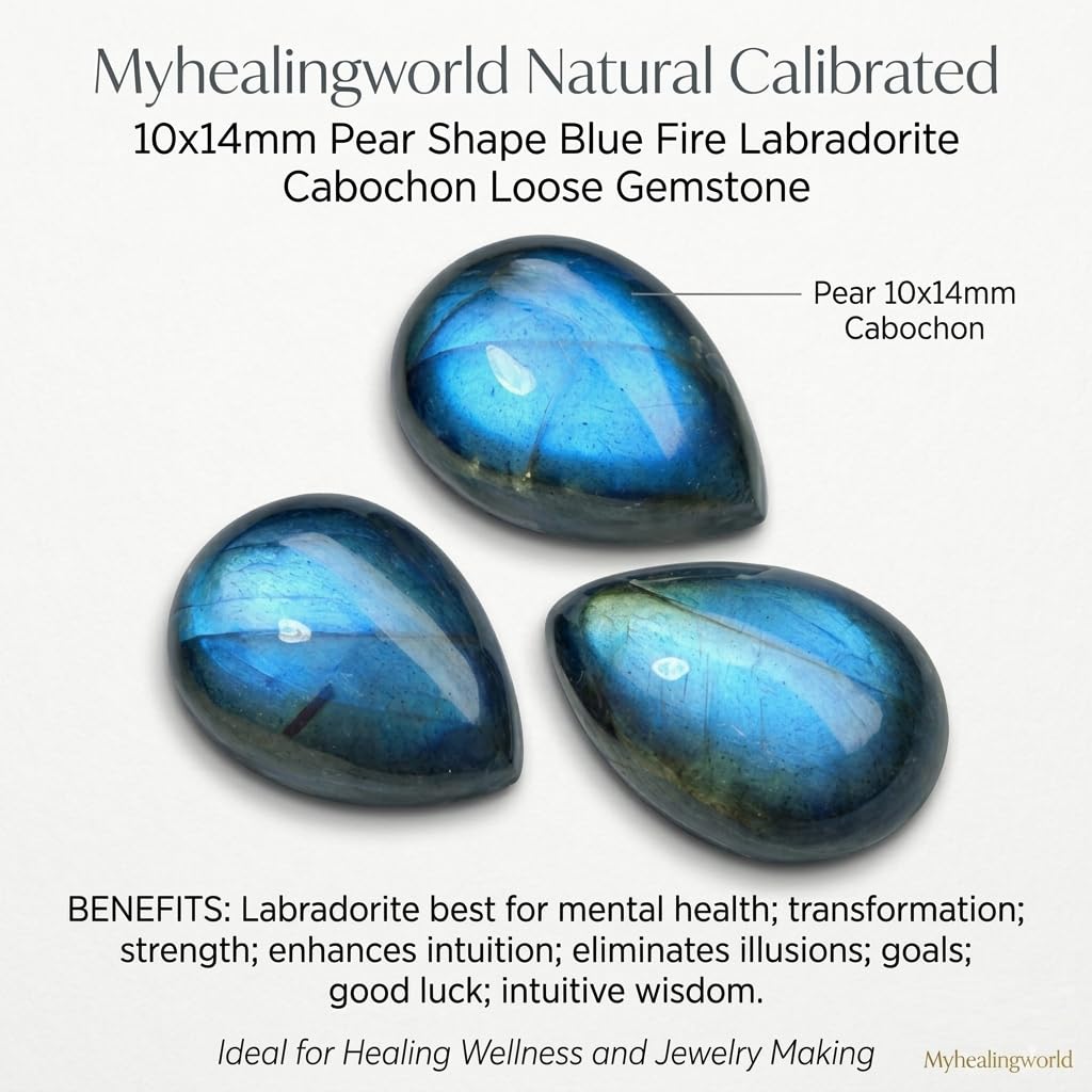 Myhealingworld Natural Calibrated 10x14mm Pear Shape Blue Fire Labradorite Cabochon Loose Gemstone 3pcs box. For Healing Wellness and Jewelry Making.