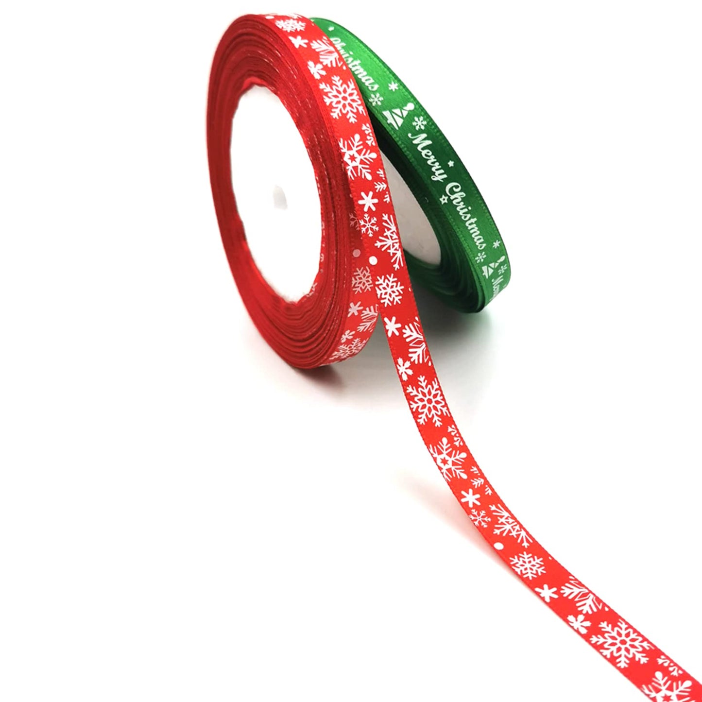 50Yards Christmas Ribbon Red and Green Satin Ribbon 3/8 Inch Holiday Gift Wrapping Ribbon Set with Marry Christmas Snowflake Pattern for Party Decor Christmas Tree Ornaments (25yard/roll,2rolls)