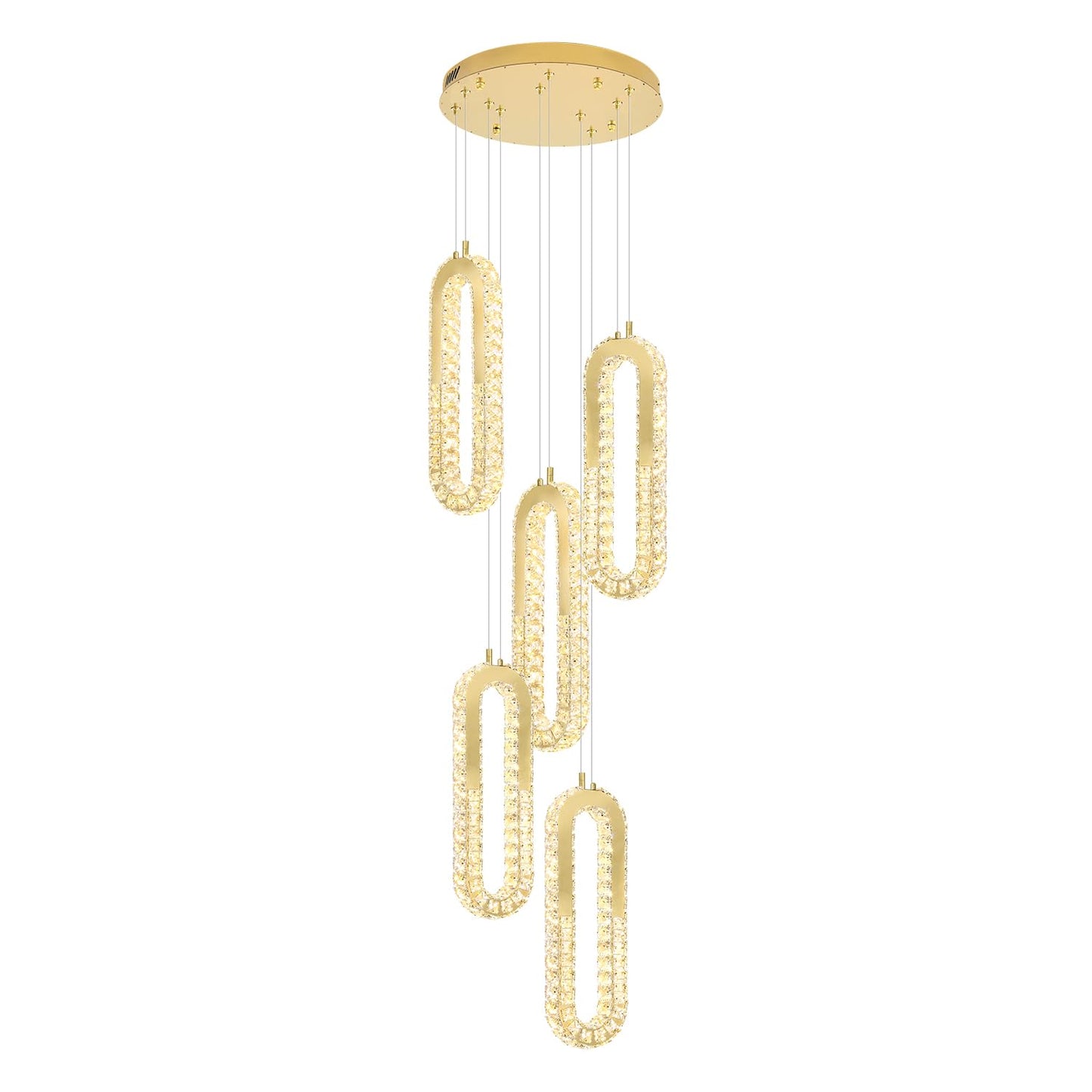 ykolupty 5-Lights Modern Crystal Chandelier for High Ceiling LED Dimmable Ring Pendant Chandeliers Stairwell Chandelier Lighting Gold