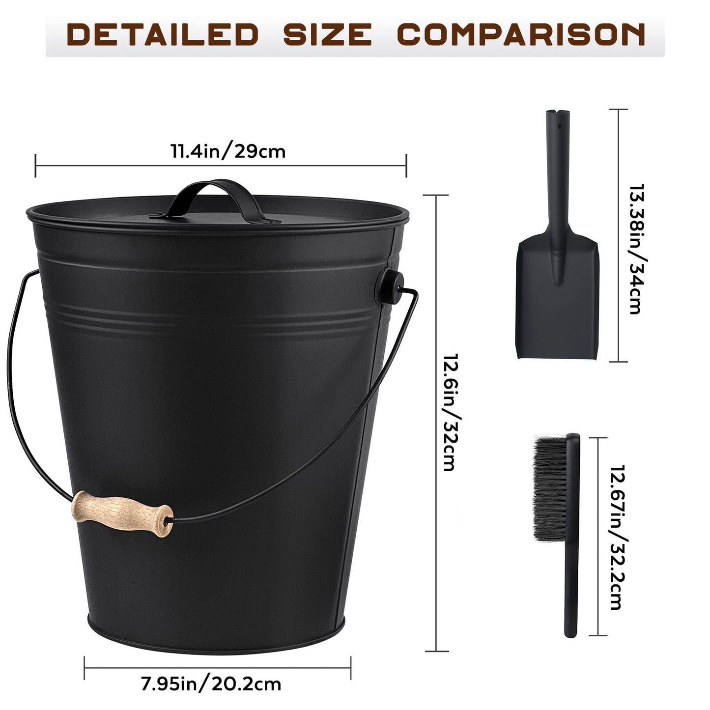 BRIAN & DANY Ash Bucket with Lid and Shovel, 4 Gallon Fireplace Bucket with Broom, Perfect for Fireplaces, Wood Stoves