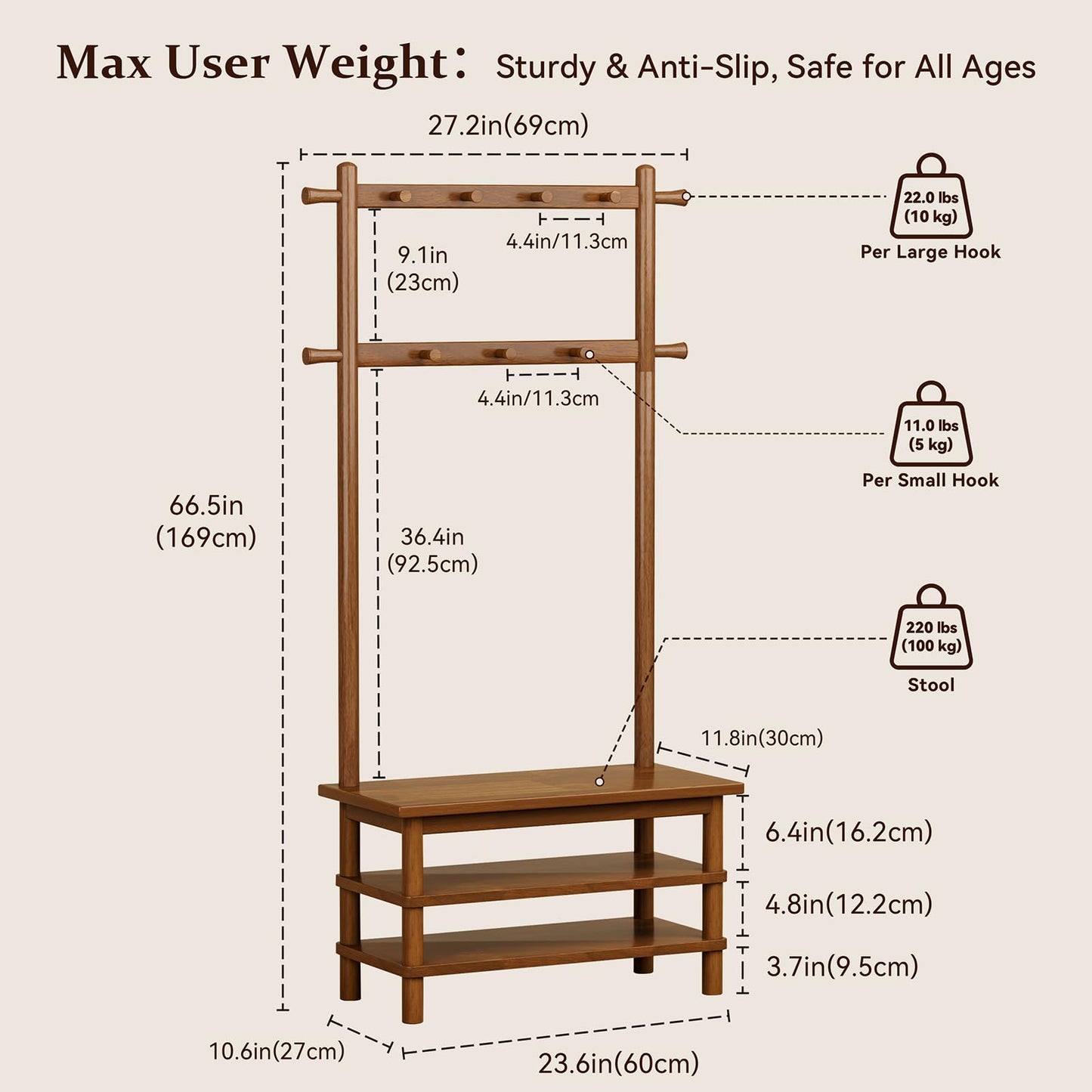 Wamhom Hall Tree, 3-in-1 Entryway Bench with Coat Rack, 11 Hooks and 2-Tier Hall Tree with Shoe Storage Bench, Solid Wood Coat Rack Freestanding, 27.2" Long