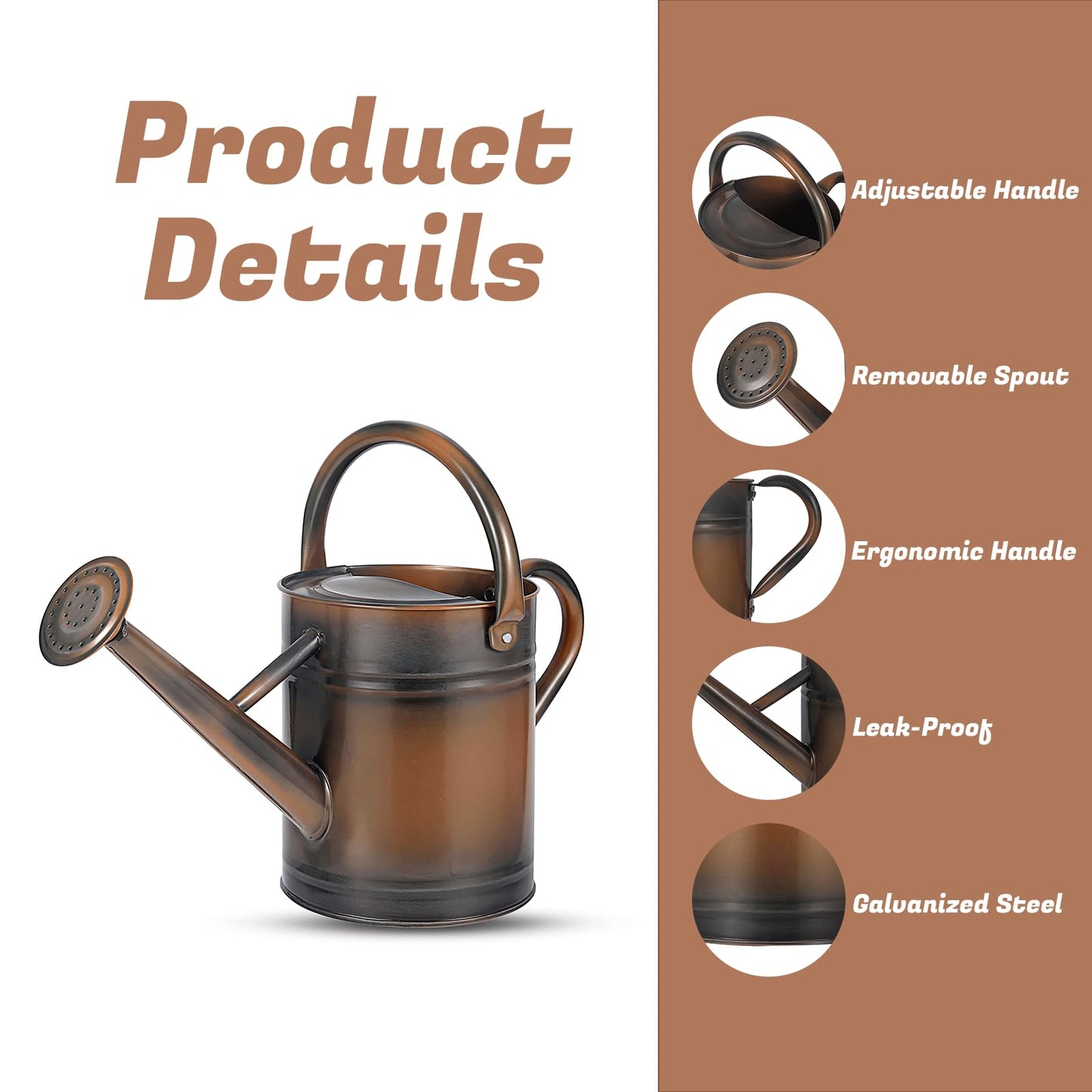 1 Gallon Watering Can for Plants, Watering Cans for Indoor&Outdoor Gardening, Galvanized Steel Watering Pot with Removable Spout, Metal Water Can with Ergonomic Movable Handle(Copper)