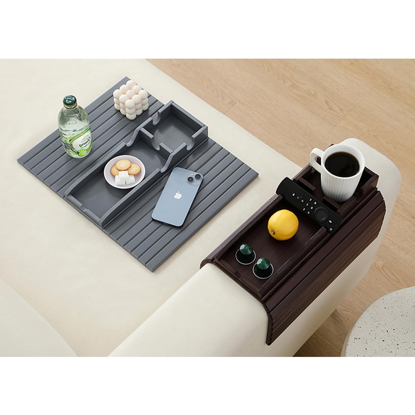 HNLISA Bamboo Couch Cup Holder Arm Tray，Foldable Couch Drink Holder Armrest Table，Sofa Arm Rest Tray，Flexible Arm Chair Table Recliners for Drink,Cups, Snacks, Phone, Remote (Grey)