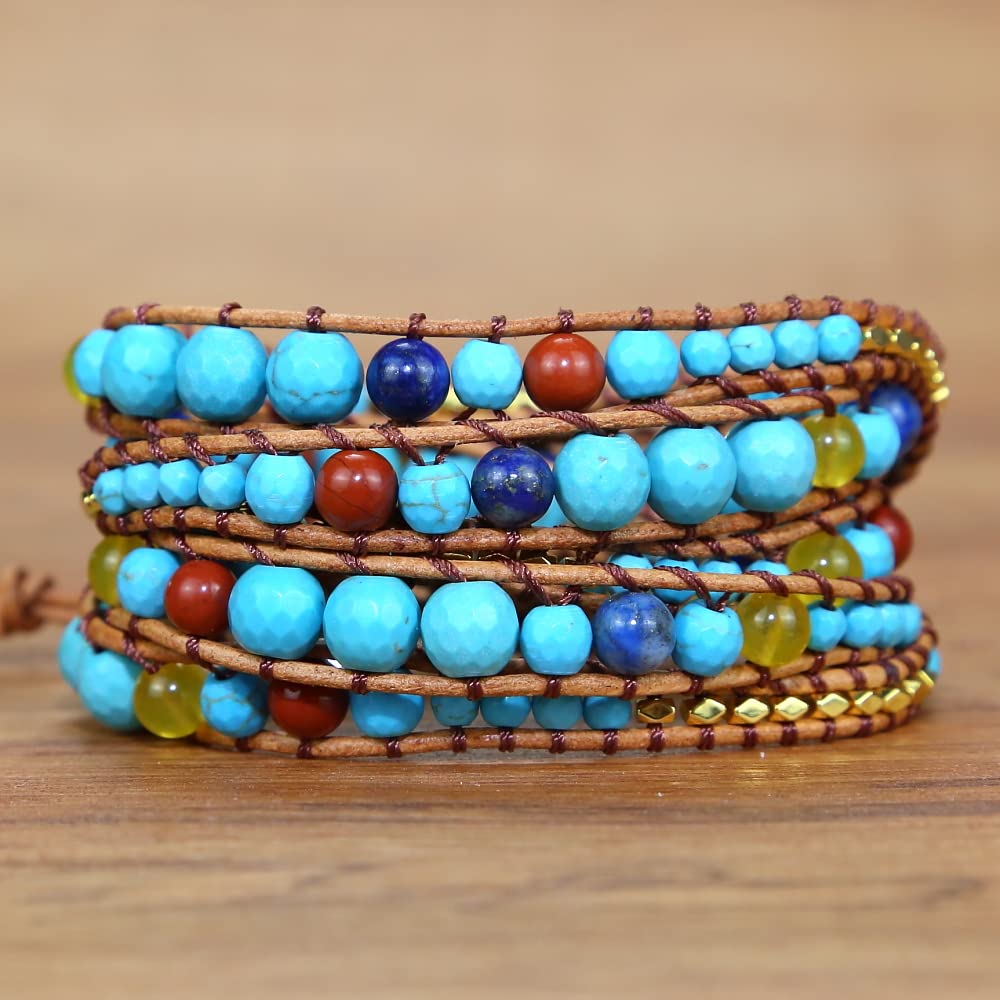 ZOSOJONA Handmade Boho Wrap Bracelet For Women Adjustable Nature Stone Turquoise Crystal Beaded Bracelets