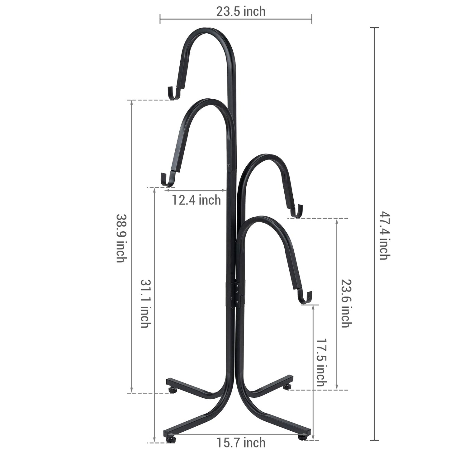 MyGift Floor Standing Planter Pot Stand, Industrial Matte Black Metal Heavy Duty Freestanding Plant Basket Hanger Rack with 4 Way Hanging Hooks