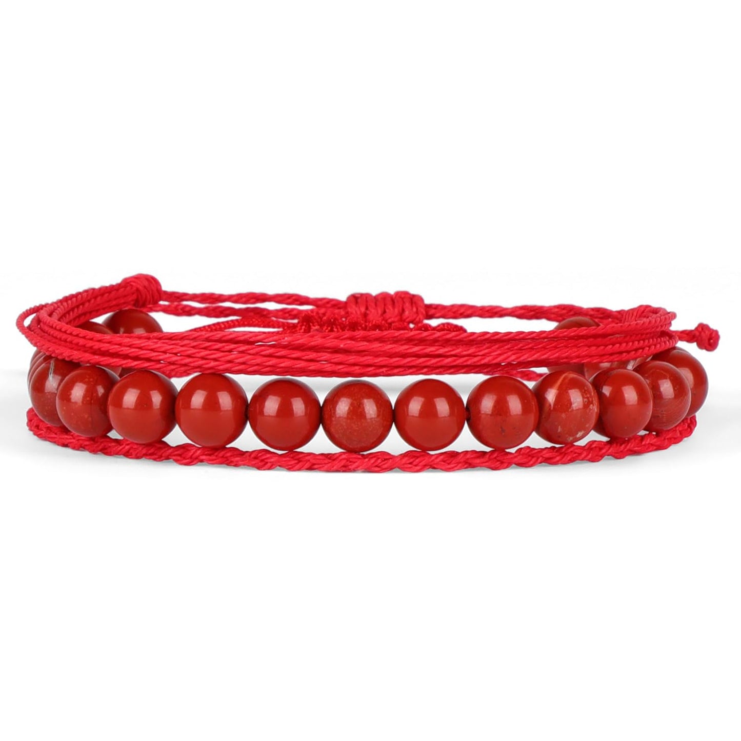 QOGIR Handmade Healing Bracelet,8mm Natural Red Jasper Gem Stone Beads Bracelet Gifts for Men Women with 2PCS Size Adjustable Rope Bracelets