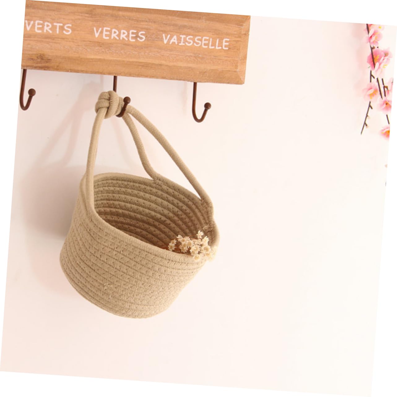 HOLIDYOYO Round Rope Containers Small Hanging Basket Woven Storage Basket Khaki Home Organization