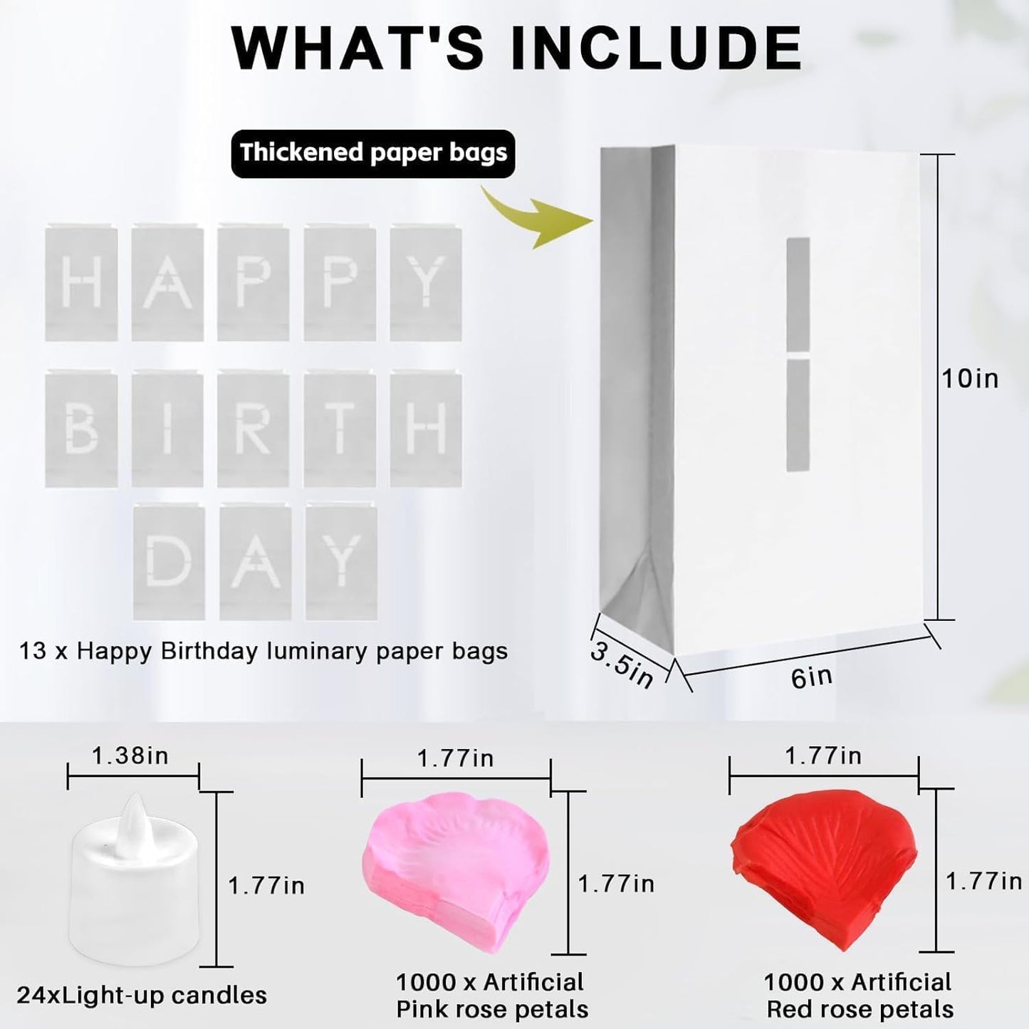 Happy Birthday Decorations for Women Men Girls White Paper Bags with Letter Cards 2000PC Rose Petals Set, Happy Birthday Banner for Door Room Party Decorations, Surprise Gifts Banner