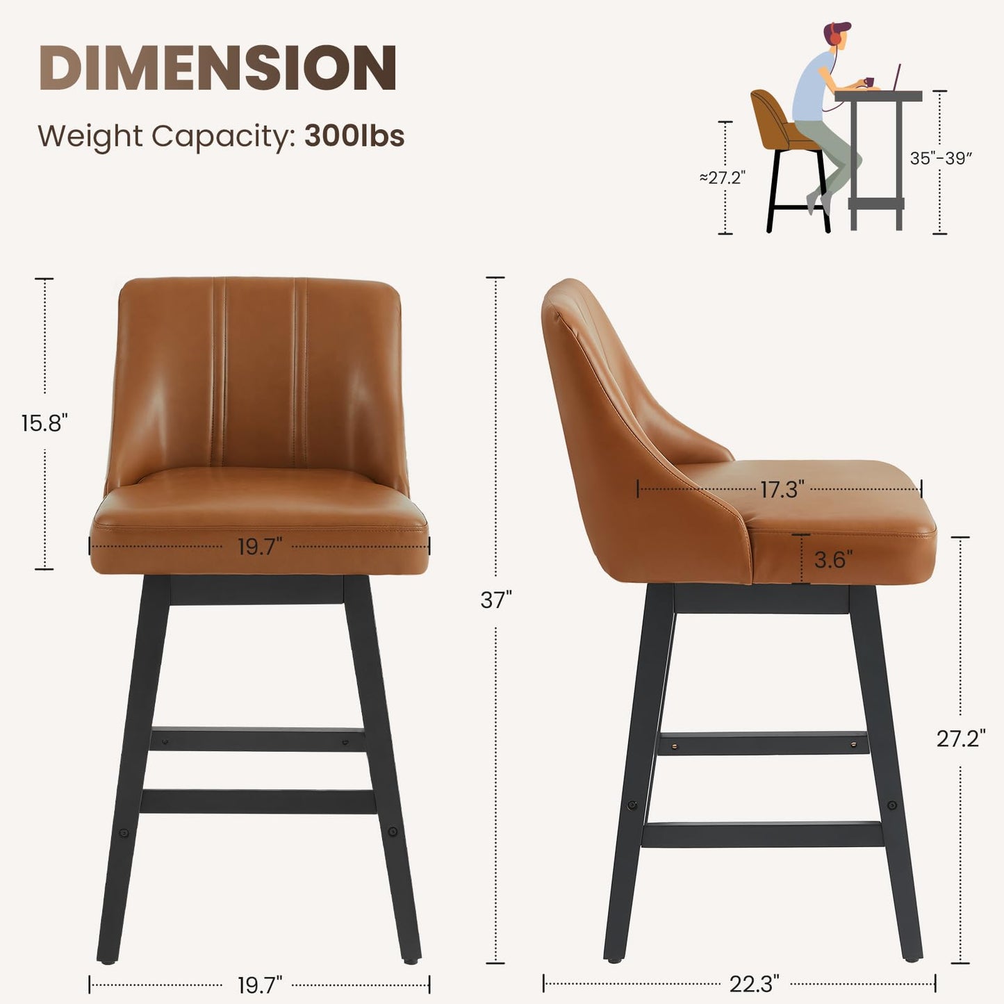 kinmars 27'' Counter Height Bar Stools Set of 4, Swivel Bar Stools with Backs, Modern Faux Leather Bar Stools for Kitchen Island, Solid Wood Legs, Adjustable Feet (PU - Brown, Set of 4-27" H)