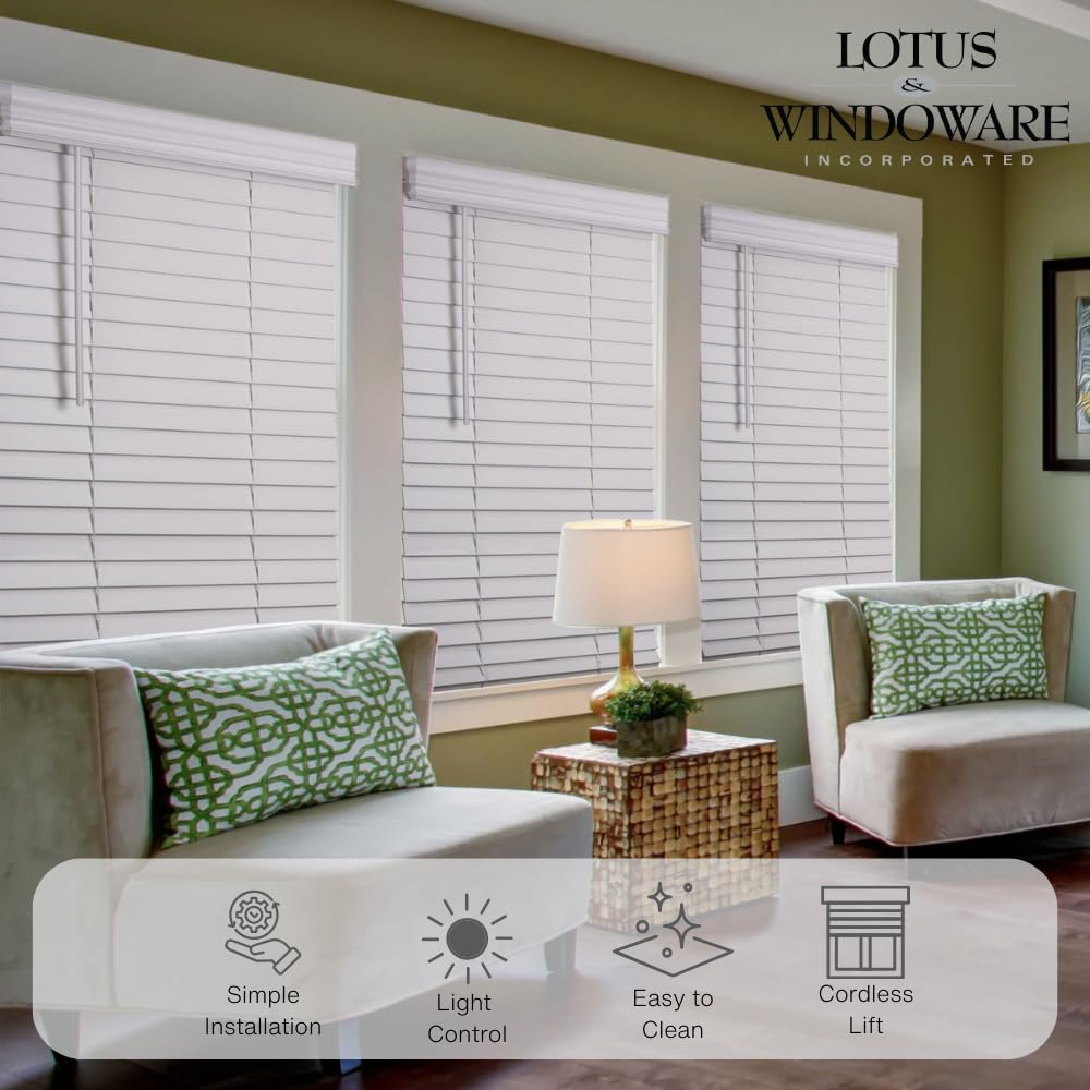 Lotus & Windoware Cordless, 2 Inch Faux Wood Blind, 35" Wide x 60" Long, Window Blinds, Blinds & Shades, Blinds for Indoor Windows, Smooth, Bright White - 35" x 60",Bright White