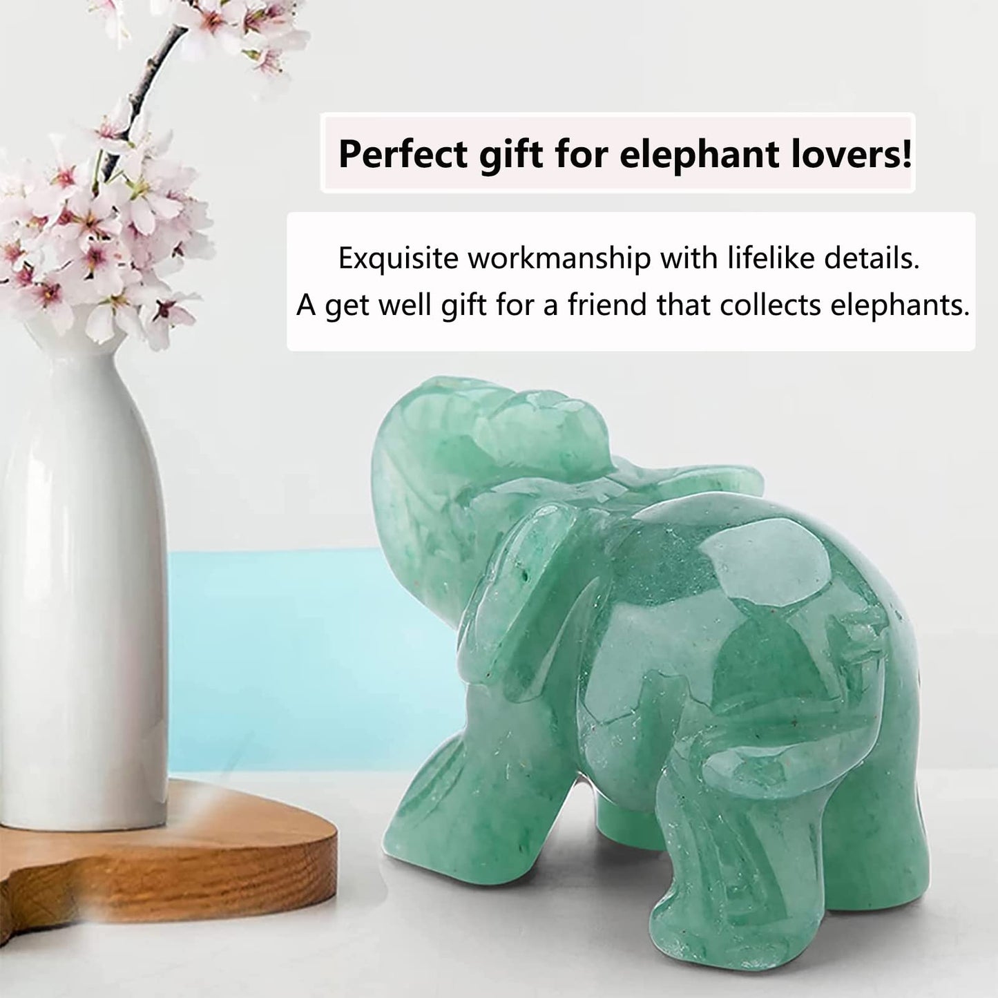 Watris Veiyi 2inch Natural Jade Elephant Figurine, Green Elephant Decoration, Carved Elephant Figurine, Elephant Crystal Wealth Lucky Figurine for Home Decor