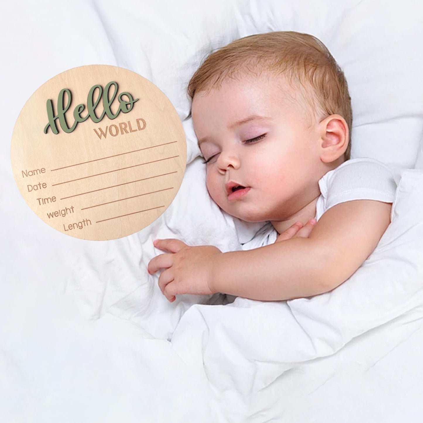 Baby Announcement Sign, 5.9 Inch Wooden Hello World Newborn Signs, Birth Announcement Sign, Baby Shower Hospital Nursery for Newborn Boys and Girls (Forest Green)