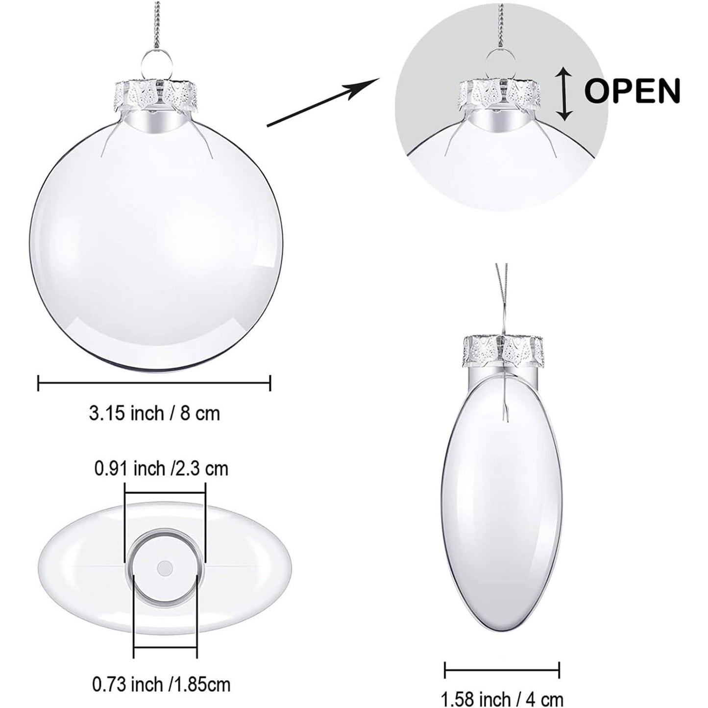12 Pcs Christmas Ball Ornaments,3.15" DIY Clear Plastic Fillable Ornament Balls Flat Sphere Hanging Ornament Set for Christmas Tree, Halloween and Wedding Birthday Party Decorations (80mm)