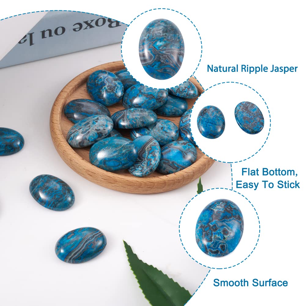 Fashewelry 20Pcs Natural Oval Blue Ripple Jasper Flat back Gemstone Cabochons 25x18mm Healing Chakra Crystal Stone Bead Cab Covers No Hole for Jewelry Craft Making