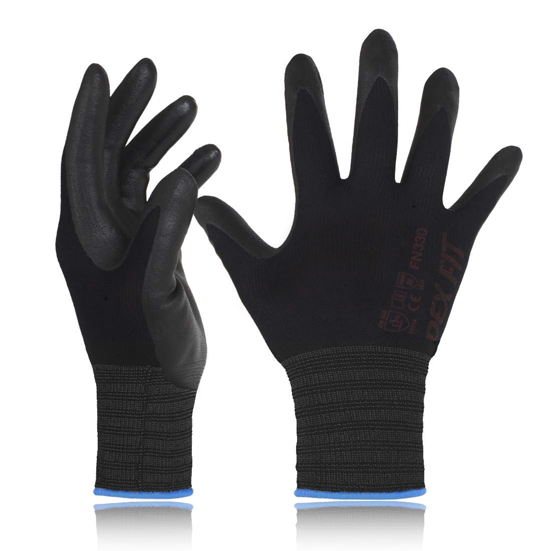 DEX FIT Nitrile Coated Work Gloves FN330-3D-Comfort Stretchy Fit, Firm Grip, Thin & Lightweight, Touchscreen Fingers, Protective & Durable, Breathable, Machine Washable; Black XS (6) 3 Pairs