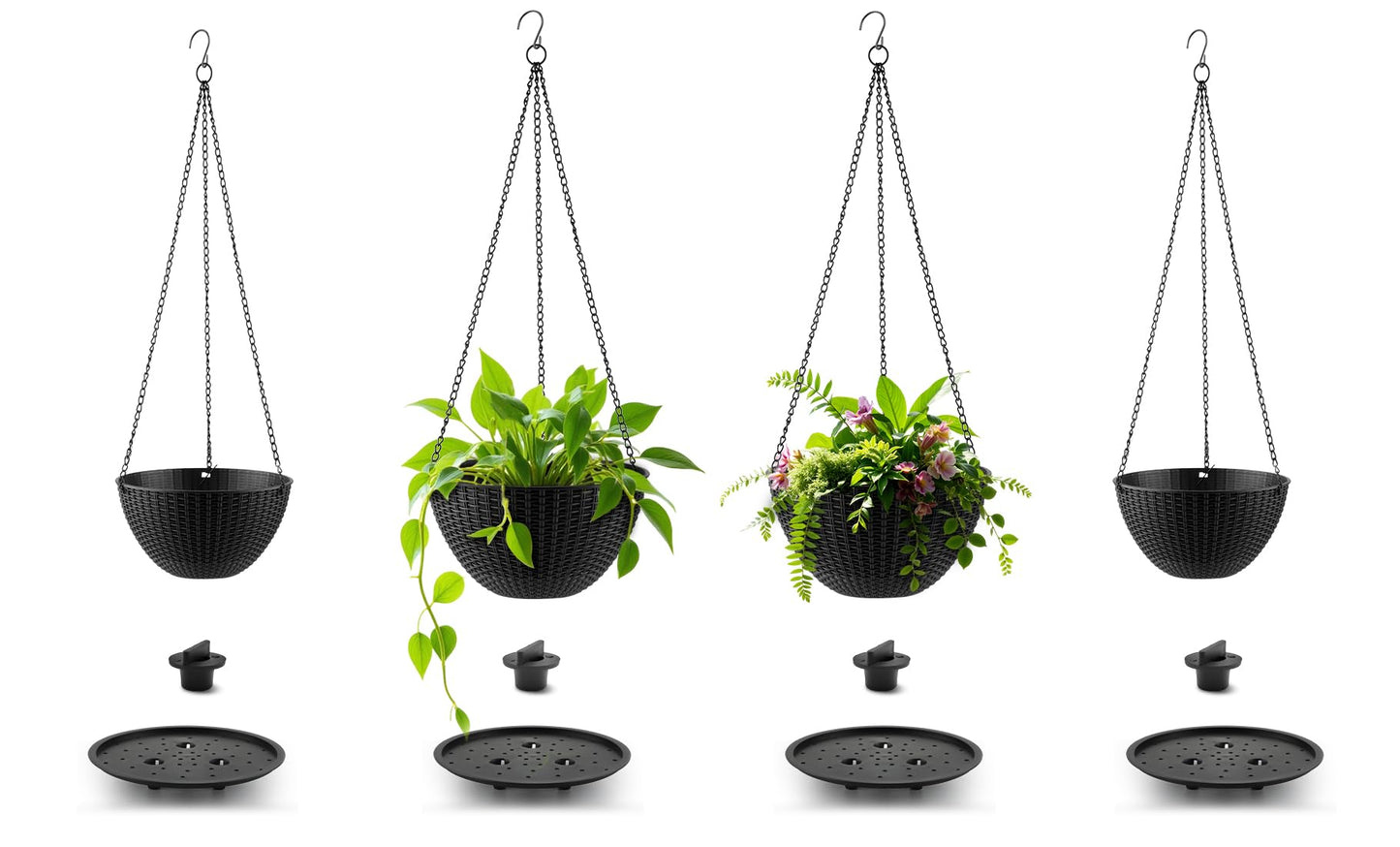 RooTrimmer Hanging Planters for Indoor Outdoor Plants 8 and 10 Inch, 4 Packs Hanging Flower Pot with Drainage Holes, Self-Watering Hanging Basket Perfect for Home, Office and Garden, Black