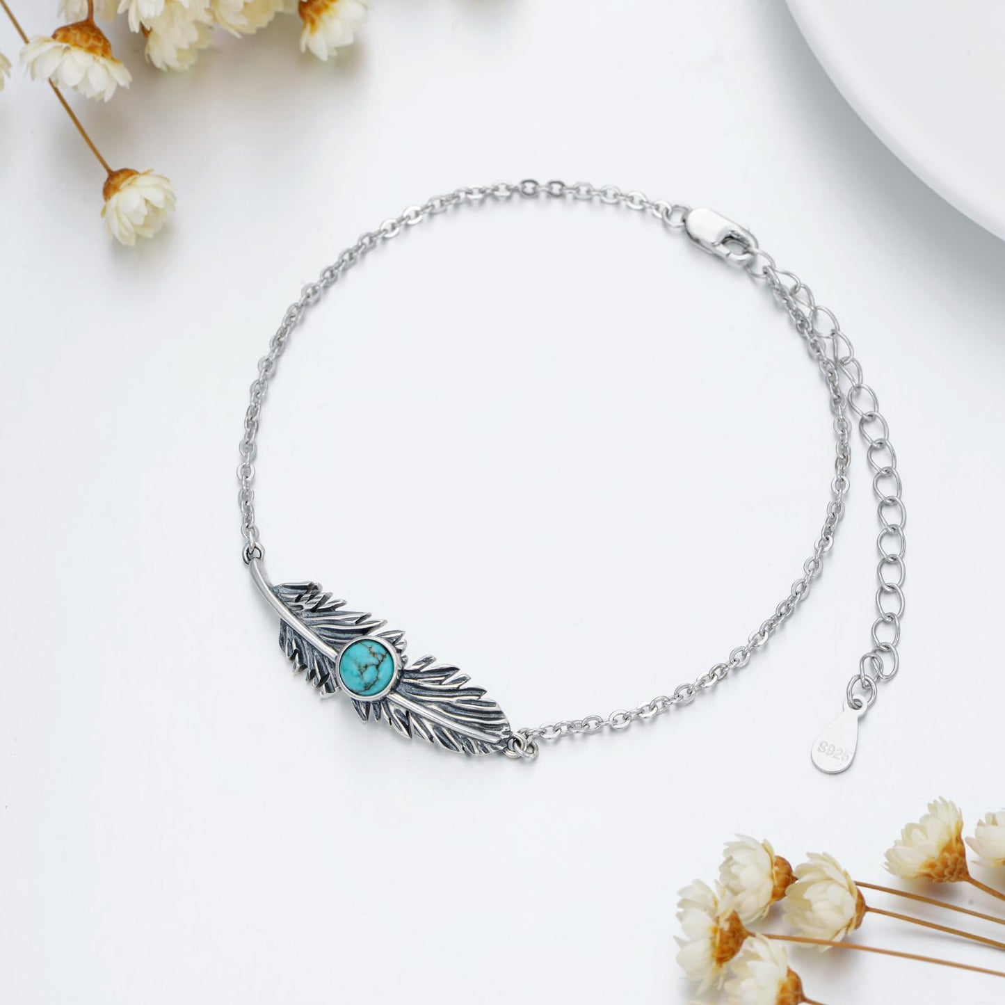 BETHZA Feather Turquoise Bracelet for Women Sterling Silver Genuine Turquoise Gemstone Link Adjustable Bracelet Navajo Jewelry Gift for Birthday Mothers Day (7+2")