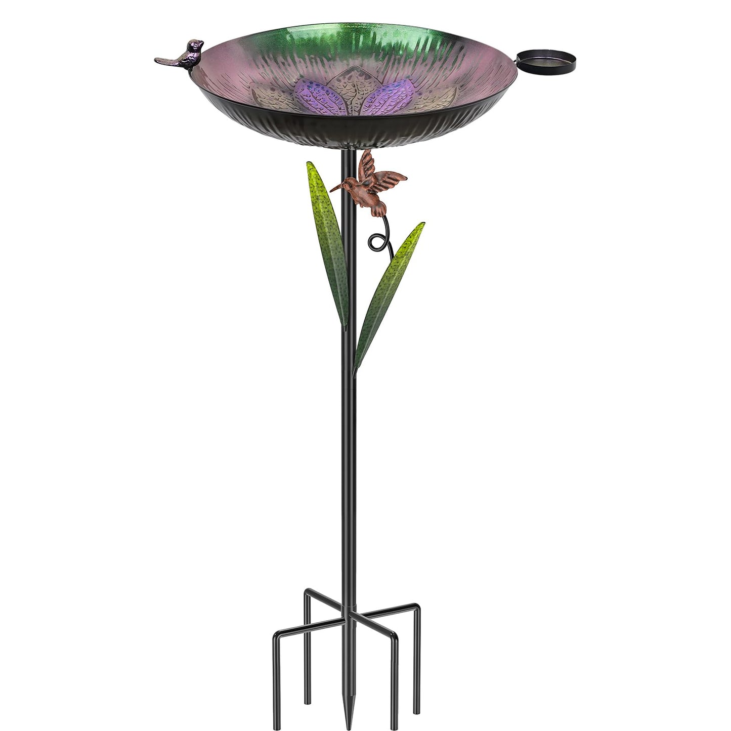 YALINKA 41.5" Metal Bird Bath for Outside, Detachable Birdbath Sturdy 5-Prong Stake Base with Bowl & Decorative Birds, Durable Iron Garden Birdbath & Feeder for Patio Wildlife Décor (Purple to Green)