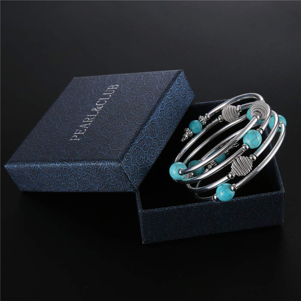 PEARL&CLUB Beaded Chakra Bangle Turquoise Bracelet - Fashion Jewelry Wrap Bracelet with Thick Silver Metal and Mala Beads, Birthday Gifts For Women(63-Turquoise Blue)