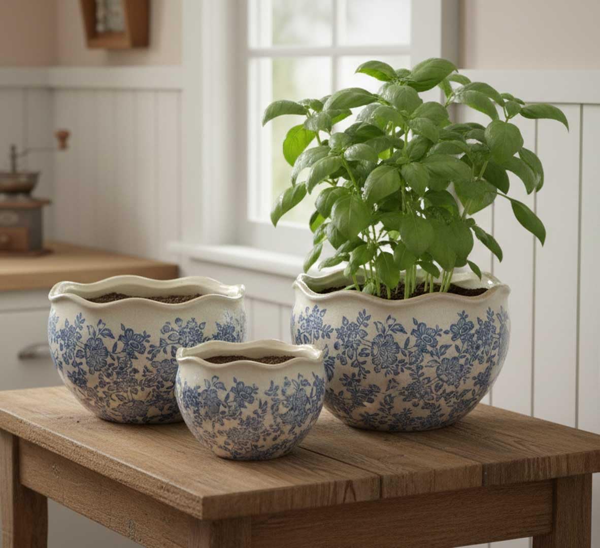 Galt International Ceramic Plant Pots Set of 3 Rustic Vintage Farmhouse Cream Crackle Glaze (11"/ 9.6"/ 7") Garden Indoor Outdoor Flower Planter w/Drainage Hole (Vintage Blue)