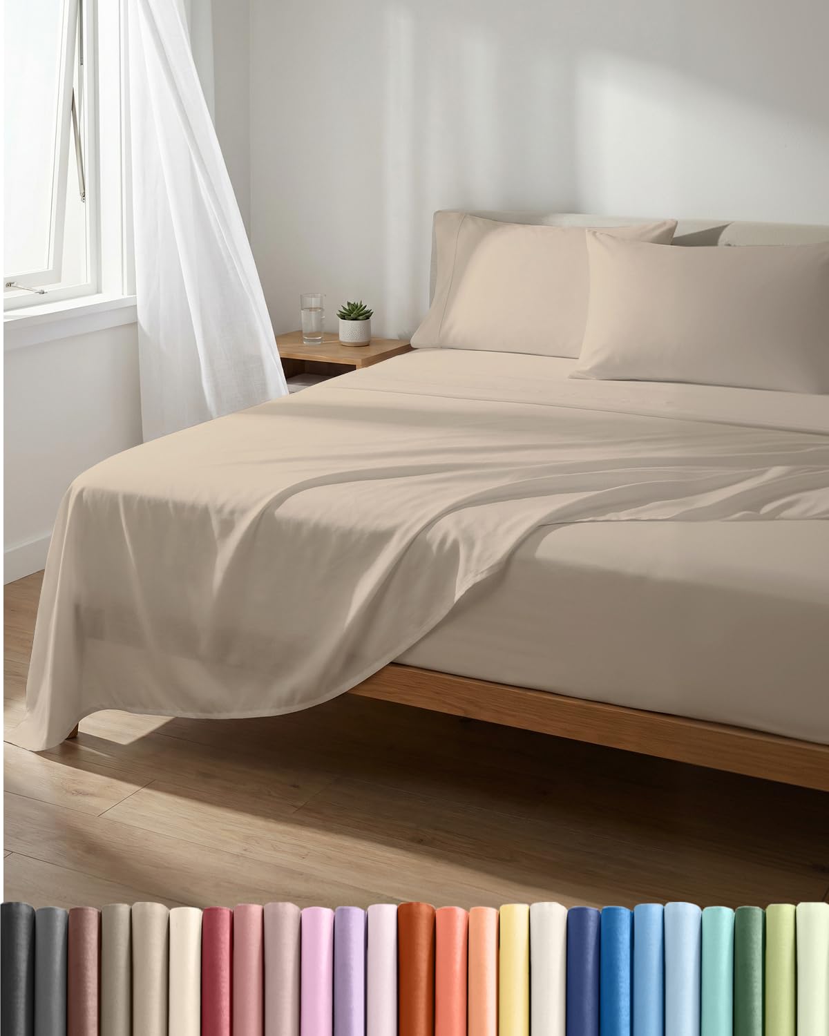Lightweight 4 Piece Bed Sheet Set Queen Size - Cooling Sheets for Hot Sleepers - Soft Breathable Bedding Set w/ 8-16 Inch Deep Pockets - 1 Flat & 1 Fitted & 2 Pillowcases - Wrinkle Resistant - Wheat