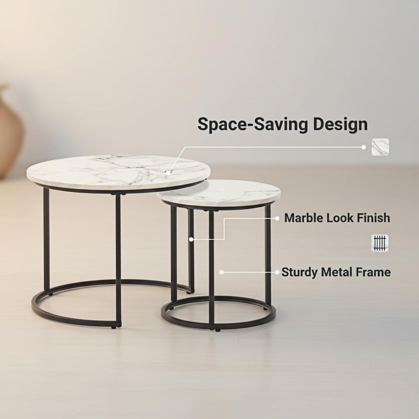 Round Nesting Coffee Table Set of 2, Modern Marble Pattern Wooden Nesting Tables, Stacking Minimalist End Table for Living Room Bedroom Small Space, White and Black