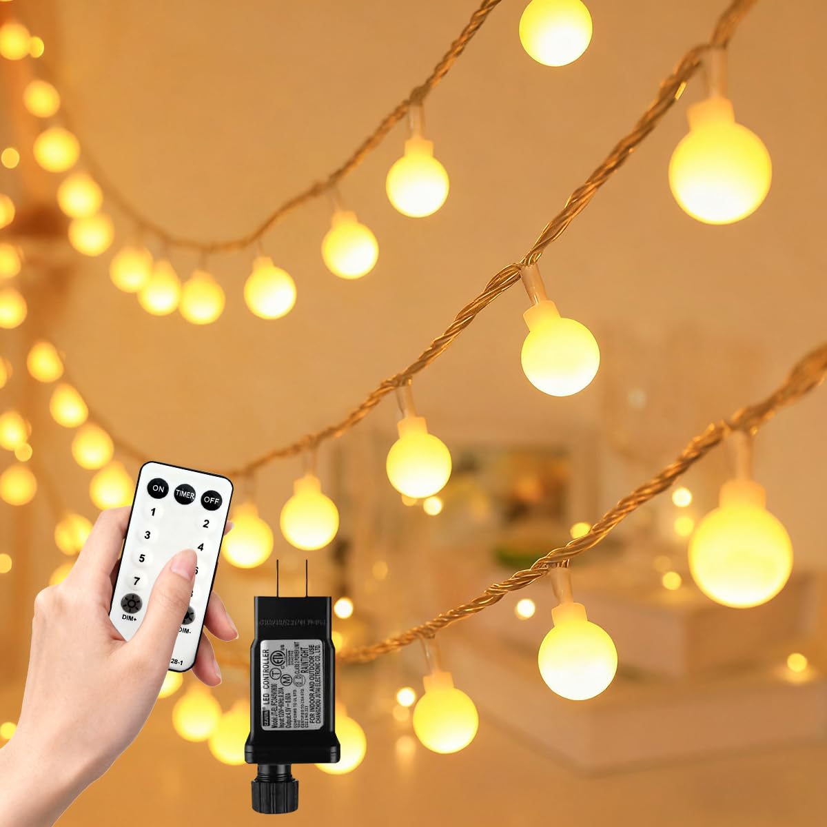 RaThun 49.2ft Globe String Lights with 16ft Extended Lead & Stable Remote - 100 LED Warm White, 8 Distinct Modes, IP44 Waterproof, UL Certified, Linkable for Indoor Outdoor Wedding Party Decor