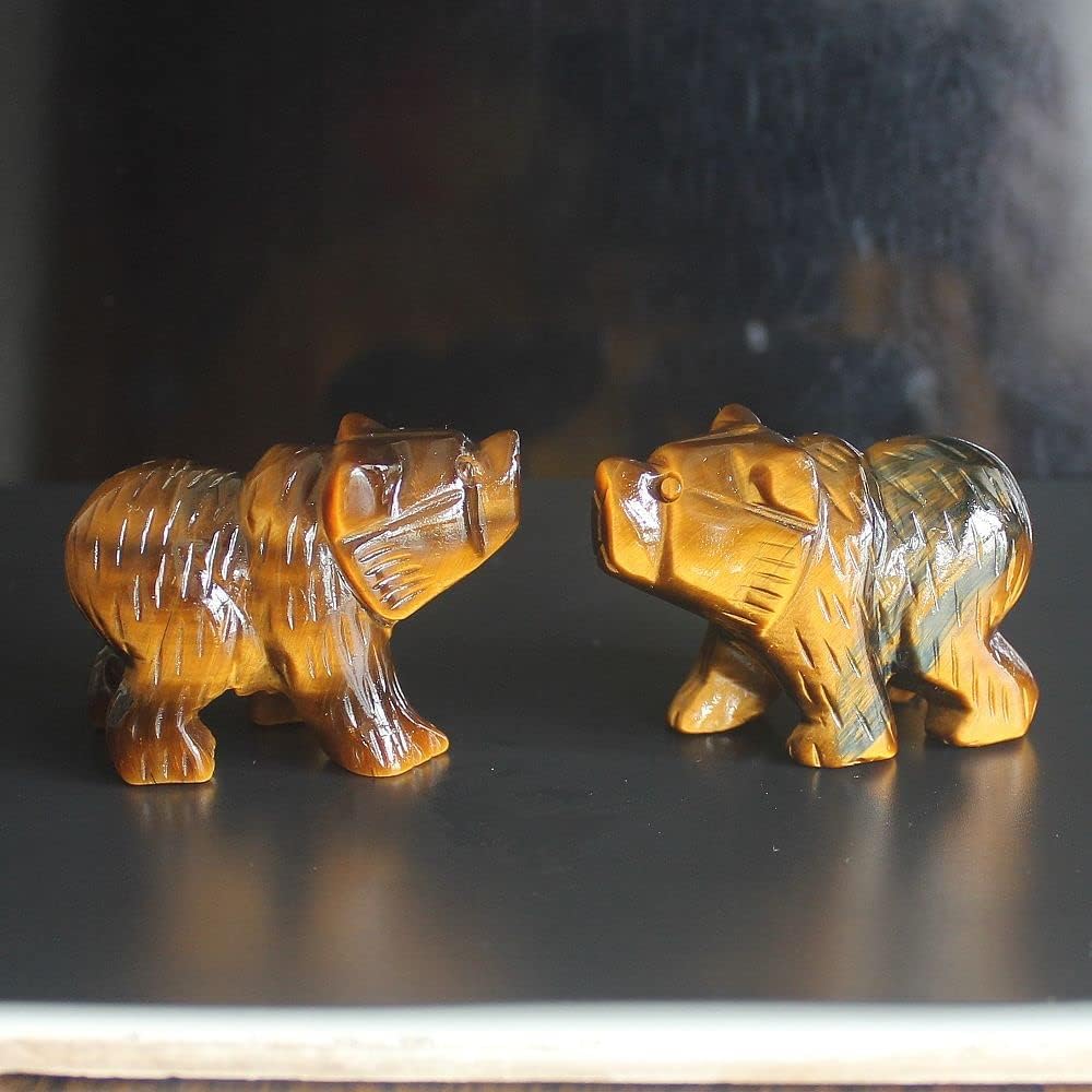 HLbshi Hand Carved Gemstone Crystal Bear Figurine Animal Statue Carving Office Home Decor Collections 2'' (Tiger Eye)