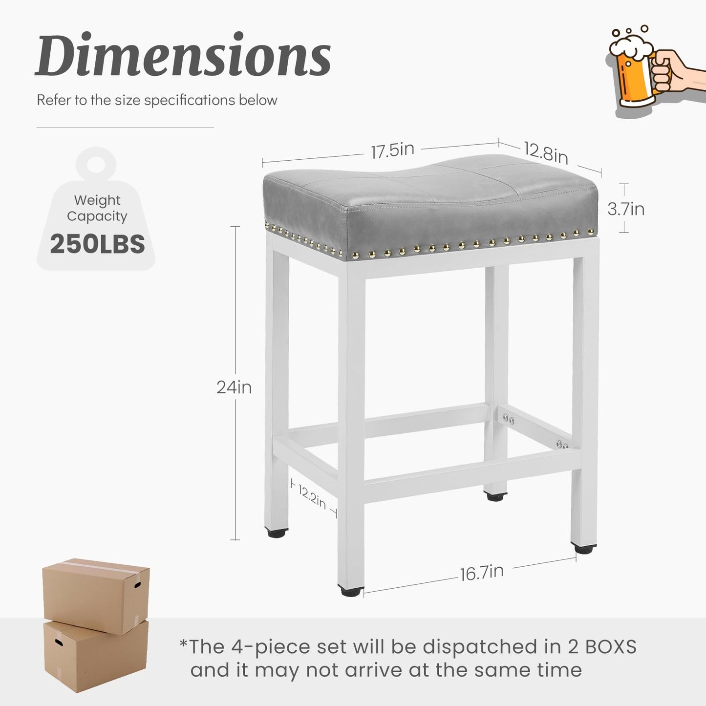 DUMOS Saddle Bar Stools Set of 2, 24 Inch Counter Height Stools with Curved PU Leather Surface, 3.7" Thick Upholstery Bar Height Stools with Footrest for Kitchen Island, Dining, Cafe, Gray