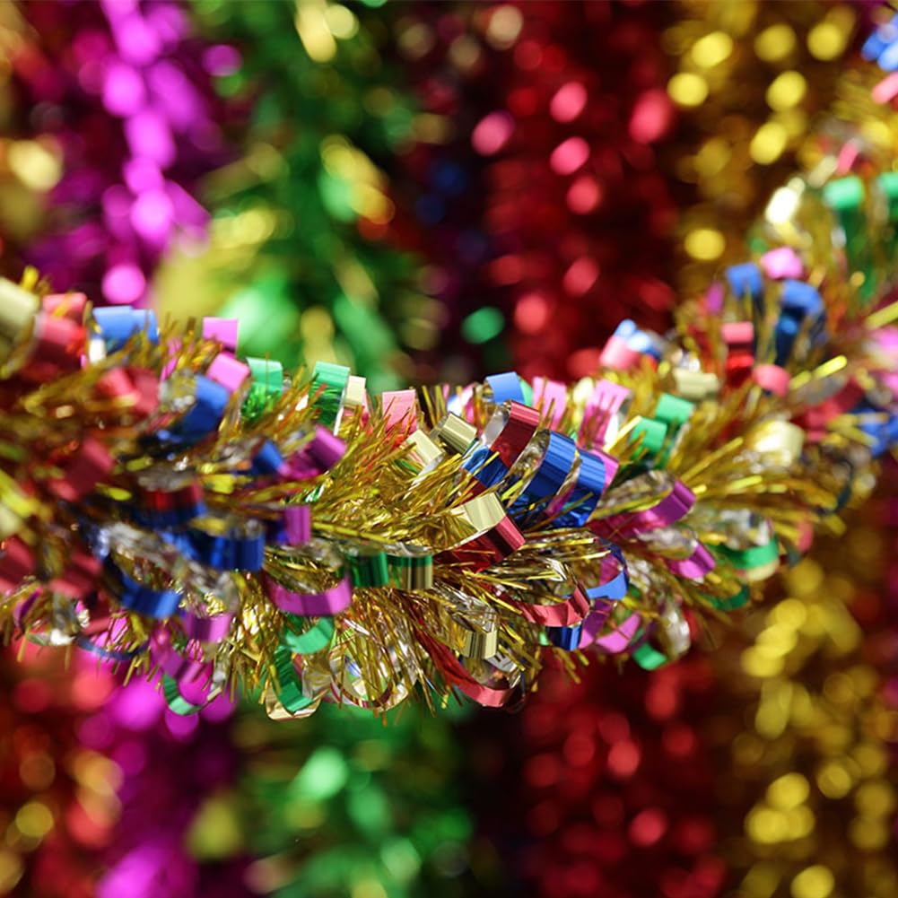 33Ft Christmas Tinsel Garland Shiny Thick Tinsel Decor Xmas Tree Decorations Metallic Twist Foil Garland for Birthday Teachers' Day Thanksgiving Day Indoor Outdoor Party Supplies - Colourful 2