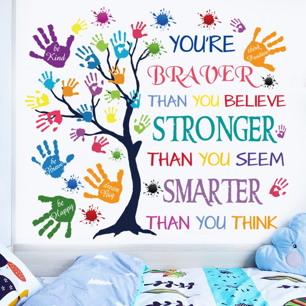 Colorful Inspirational Quote Wall Decal-You’re Braver Than You Believe, Stronger Than You Seem, Smarter Than You Think, Motivational Quote Phrases Wall Sticker Kids Room Nursery, Classroom Decor.