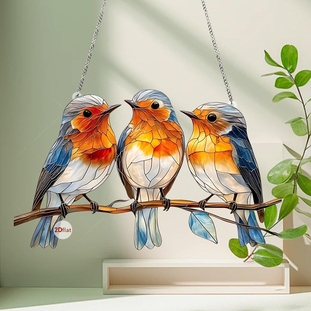 Stained Glass Window Hanging Bird 2D Stain Acrylic Panel Window Hanging Decor Gift for Women Mother's Day Christmas (15CM-Sparrow Bird)