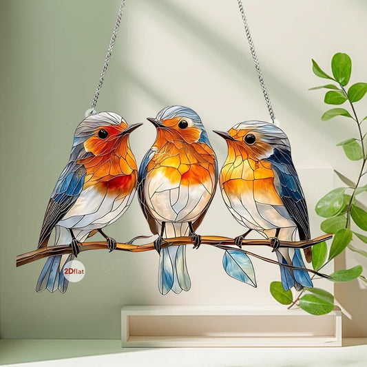 Stained Glass Window Hanging Bird 2D Stain Acrylic Panel Window Hanging Decor Gift for Women Mother's Day Christmas (15CM-Sparrow Bird)