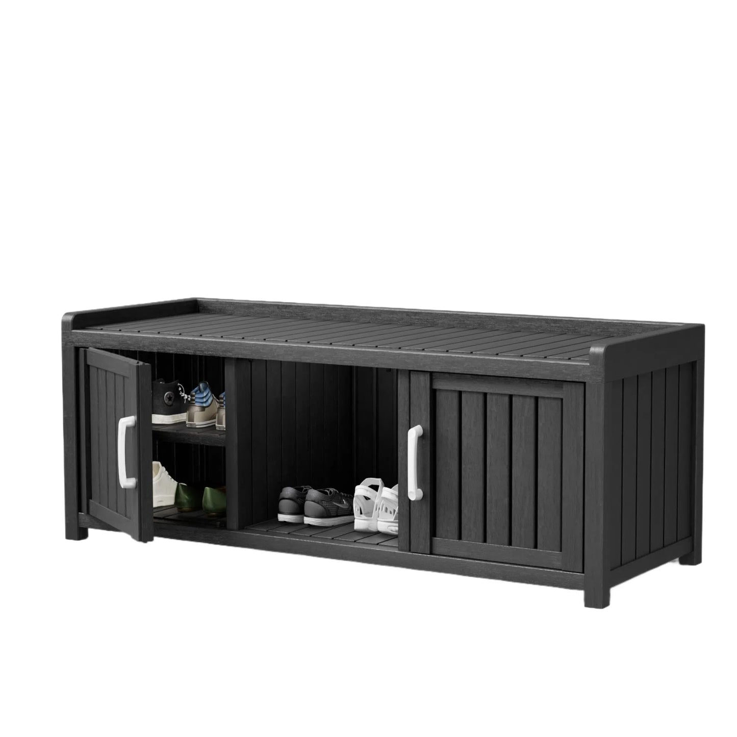 Trygoal Storage Bench - Waterproof Resin Shoe Bench with Adjustable Shelves - Indoor & Outdoor Use, 2 Doors Entryway Bench with Hidden Storage Space - Storage Cabinet for Bedroom, Hallway, Black
