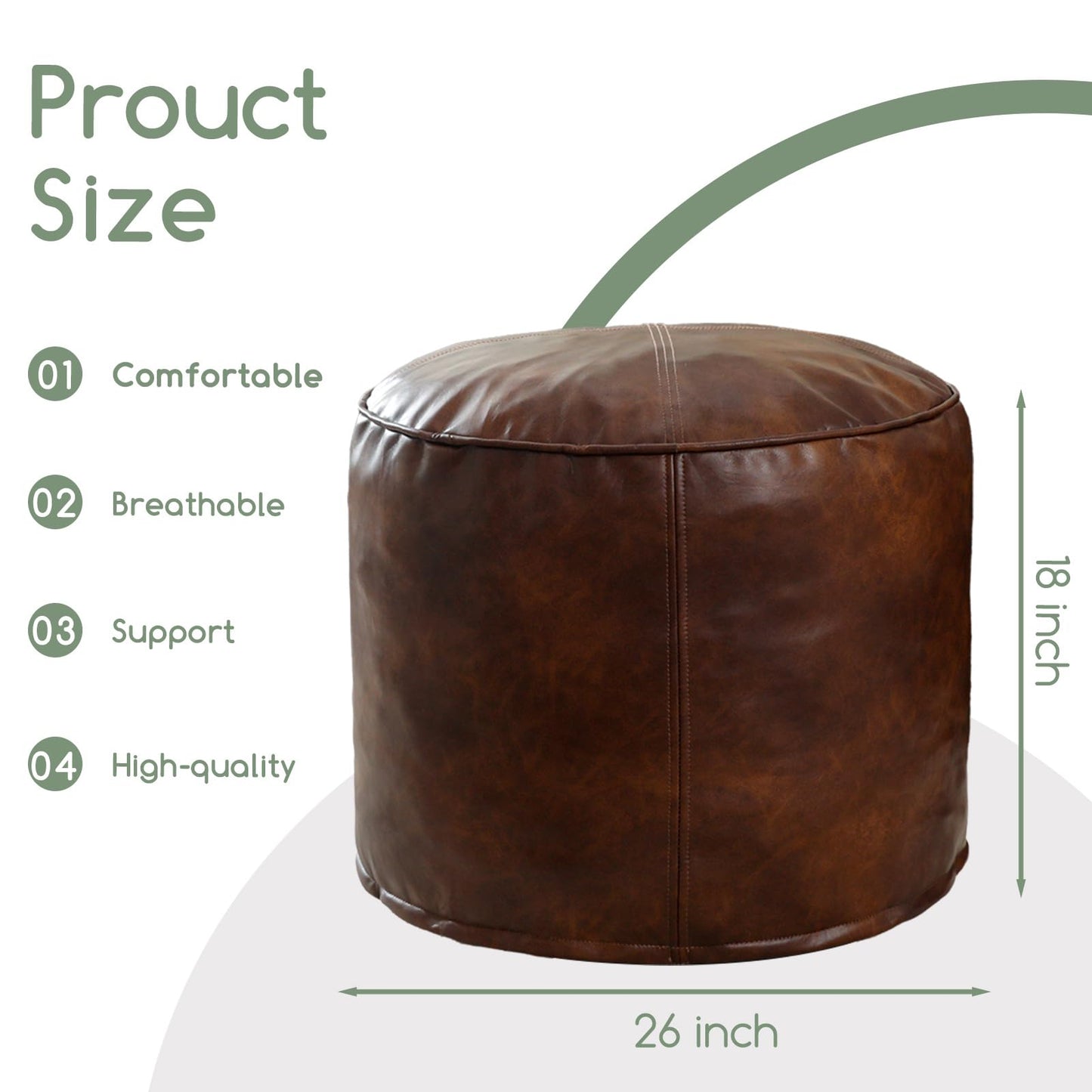 HIGOGOGO Round Stuffed Pouf Ottoman, Pu Leather Poufs with Foam Chunk Filling, Furry and Fluffy Pouf Foot Stool Storage Ottoman, 26 X 18 Floor Poufs Foot Rest for Living Room,Dark Brown