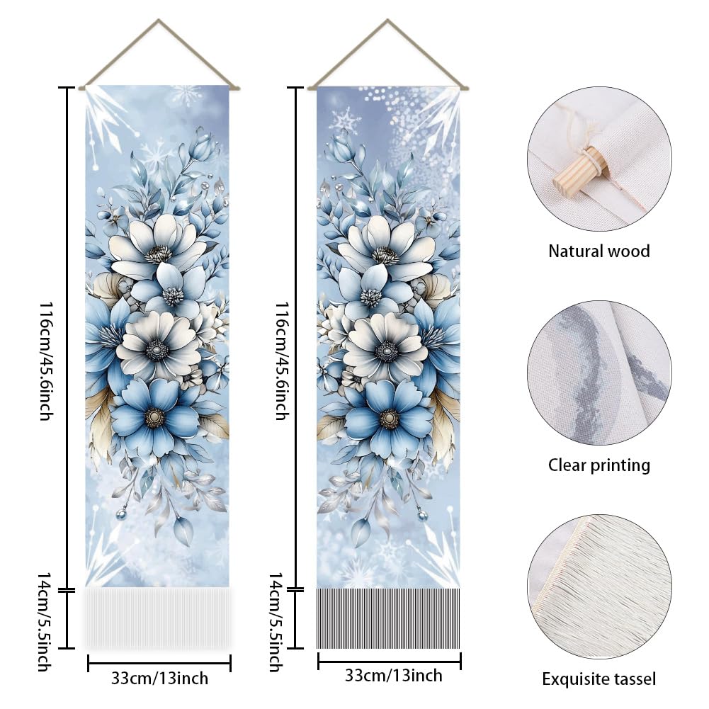 AHANDMAKER 2Pcs Vintage Blue Garden Flowers Tapestry, Nostalgic Floral Arrangement Tassel Tapestry Hanging for Bedroom Living Room Vintage Appeal(45.7x13 Inch)