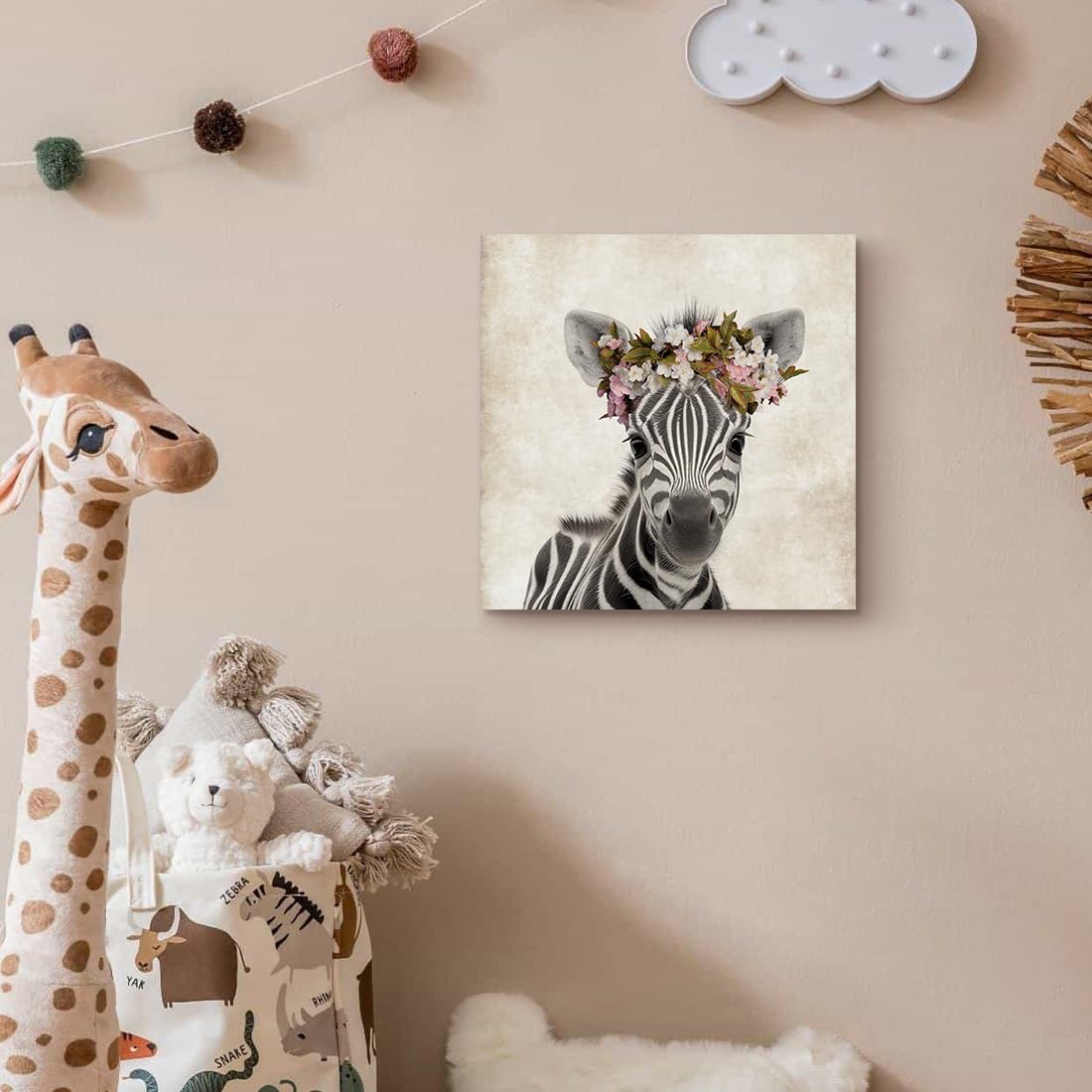 Framed Baby Nursery Wall Art Decor Cute Zebra with Garland Pictures Painting Retro Zebra Portrait Artwork Cute Safari Animals Prints for Kids Playroom Decoration Gifts for Boys Girls 12x12inch