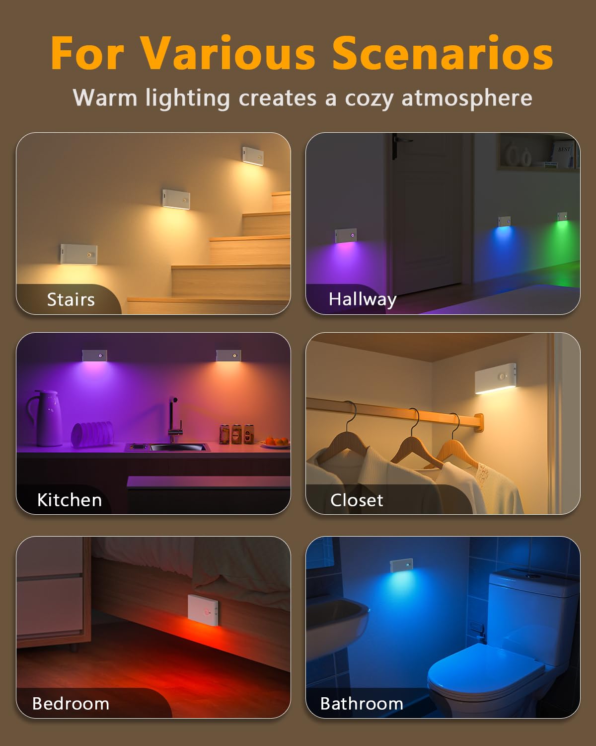 WILLED Stair Lights Indoor RGB & Warm White,Rechargeable Motion Sensor Night Light,Wireless Motion Sensor Lights Indoor for Stair,Bathroom,Hallway,Kitchen,Closet,Cabinet,Bedroom,Kids' Room
