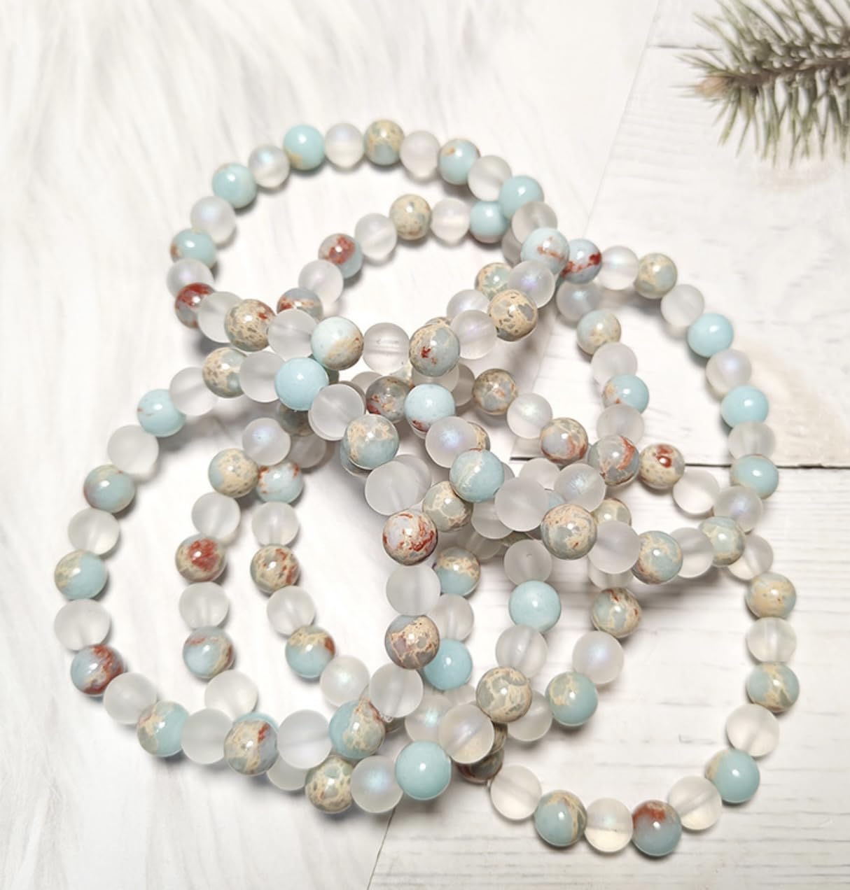 TUQBA Healing Crystal for Women and Men Amazonite White Agate Stress Relief Natural Stone Stretch Beaded Bracelet Christmas Gift for Baptism, Birthday, Mothers days gift