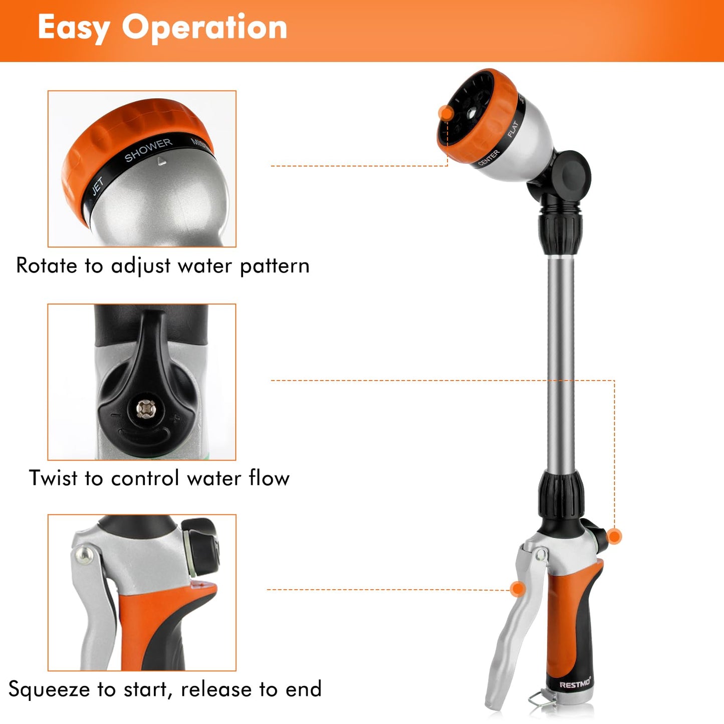 RESTMO Metal Watering Wand, Heavy Duty Garden Hose Wand with 180° Swivel Ratcheting Head, 16'' Hose Nozzle Sprayer with 7 Spray Patterns and Flow Control, for Water Hanging Baskets and Shrubs, Orange