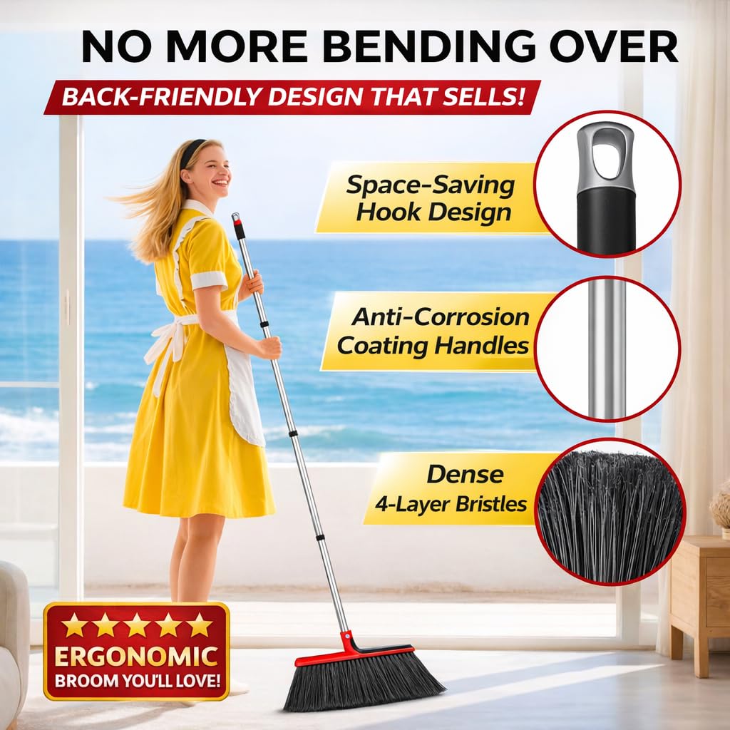 Heavy Duty Angle Broom with 58″ Long Handle, 14″ Wide Stiff Bristles for Indoor & Outdoor Sweeping, Garage, Patio, Deck, Concrete & Debris Removal