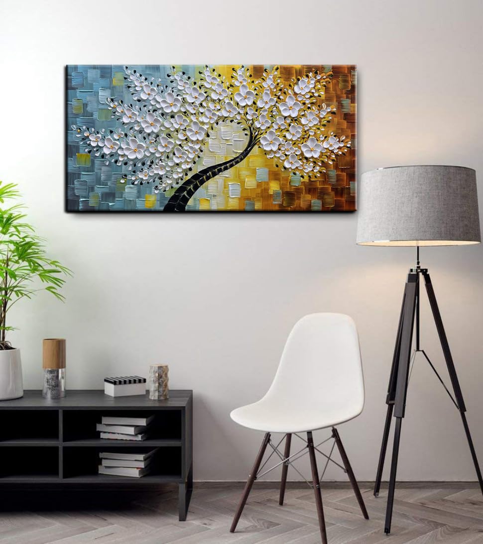 YaSheng Art - Wall Art Oil Painting ,100% HandPainted 3D Texture Wall Art Artwork White Flower Tree Paintings ,Abstract Canvas Wall Art ,Bedroom Dining Room Living Room Modern Wall Art Decor Home , Framed Wall Art Picture 24x48inch