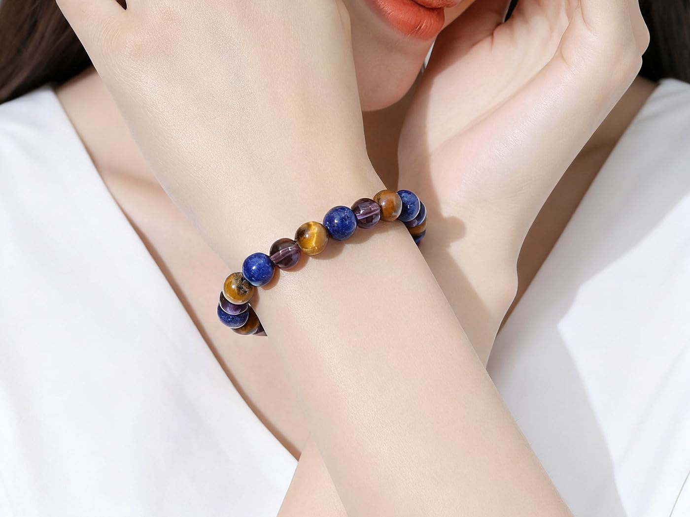 MAIBAOTA Anxiety Bracelet for Women 8 mm Lapis Lazuli Rose Tiger Eye Amethyst Bracelet Stress Relief Gifts Calming Healing Kalm Beaded Bracelets Jewelry for Women