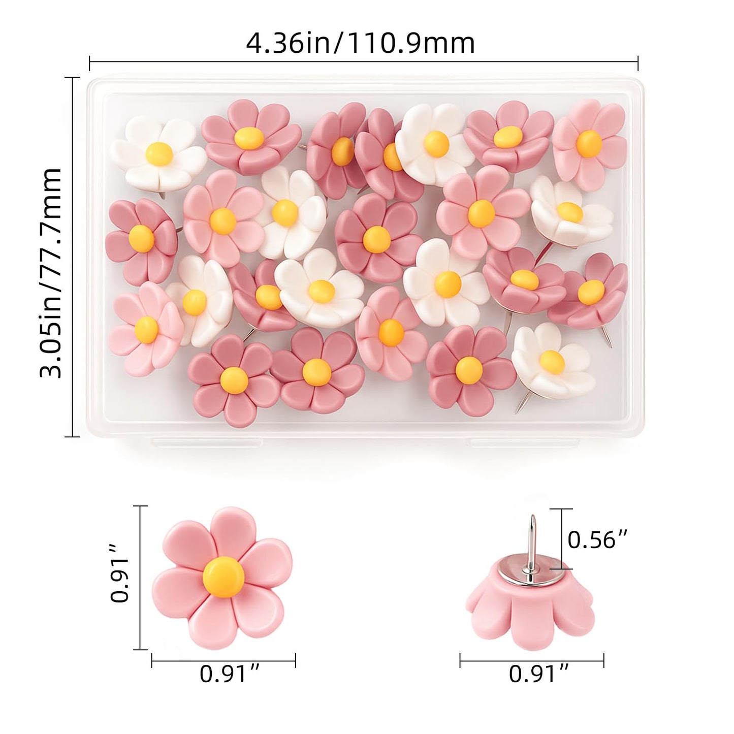 Cute Flower Push Pins, 30Pcs Aesthetic Thumb Tacks with Rust-Proof Metal Tips for Cork Bulletin Board, Photo Walls, Office & Home Decor