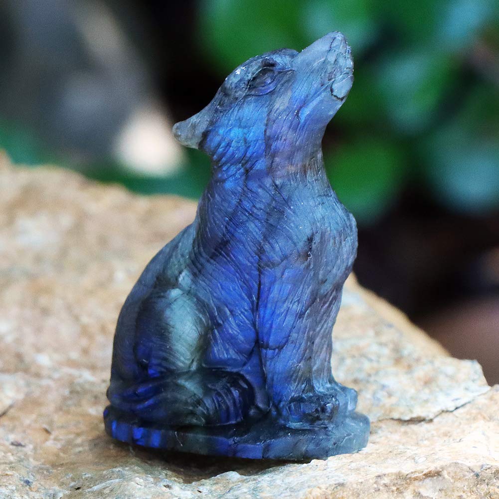 Artistone 2.0" Labradorite Crystal Wolf Statue Decor Hand Carved Gemstone Wolf Gifts Figurines Animal Carving Sculpture Crystal and Healing Stones Home Decoration (Gift Box)
