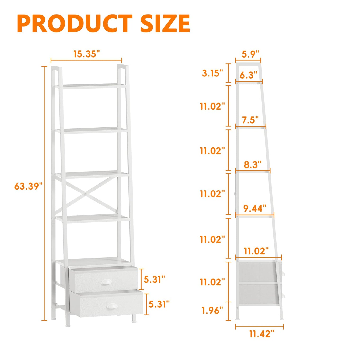 Furologee 5-Tier Ladder Shelf with 2 Drawers,Narrow Bookshelf Storage Shelves,Industrial Bookcase Freestanding Rack Units for Bedroom,Living Room,Bathroom,Home Office,Balcony,Wood Metal, White